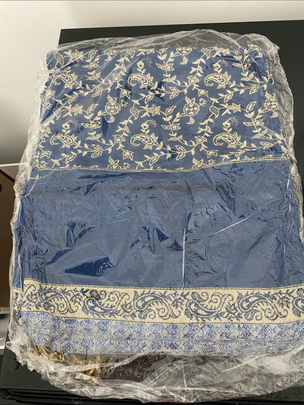 Blue Floral Embroidered Bedding Set with Gold Accents